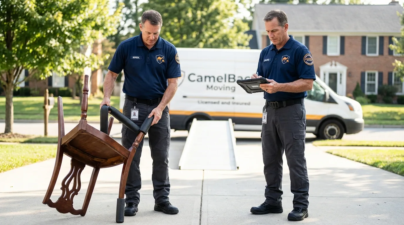 Movers inspecting furniture for damage prevention before loading in Kings Mills, OH