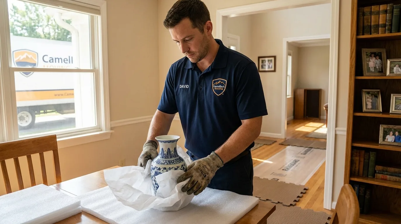 Professional crew carefully wrapping antique vase for senior downsizing move in Kings Mills, OH